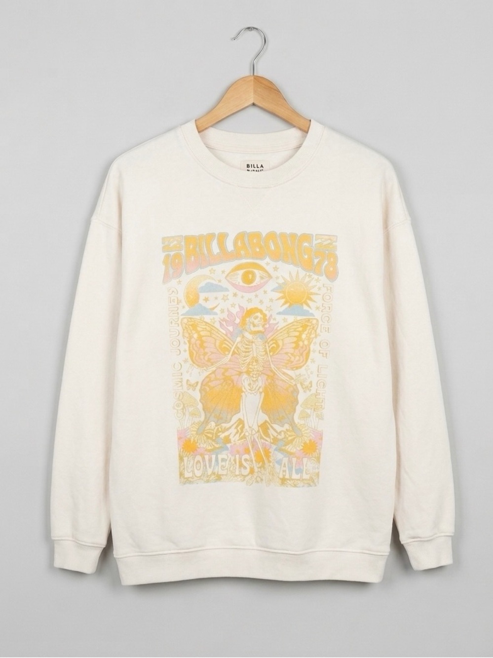 Billabong “Love is All” Psychedelic Skeleton Butterfly Graphic Sweatshirt Large
